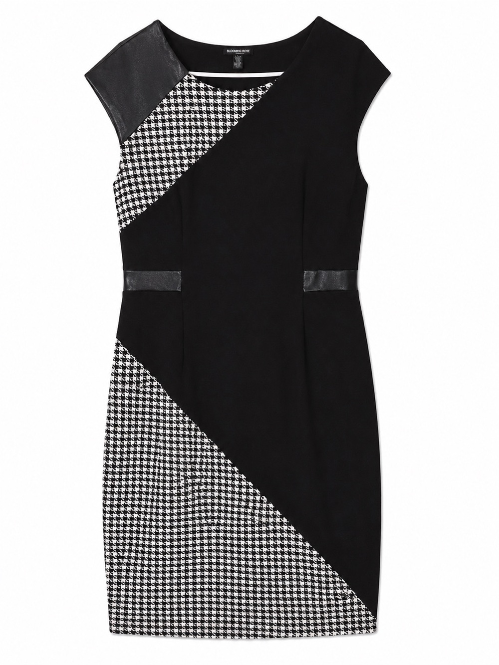 Black & White Houndstooth Cap-Sleeve Midi Dress